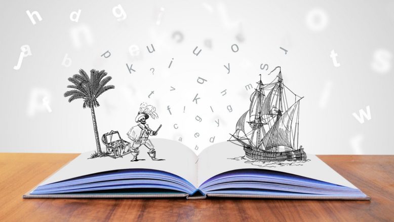 libro con imágenes de piratas, islas y barco propio del género narrativo