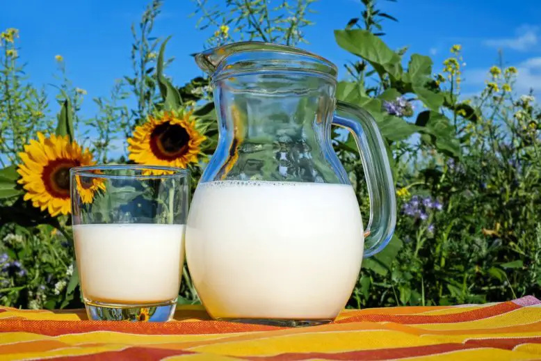 jarra y vaso de leche con volumen de un litro